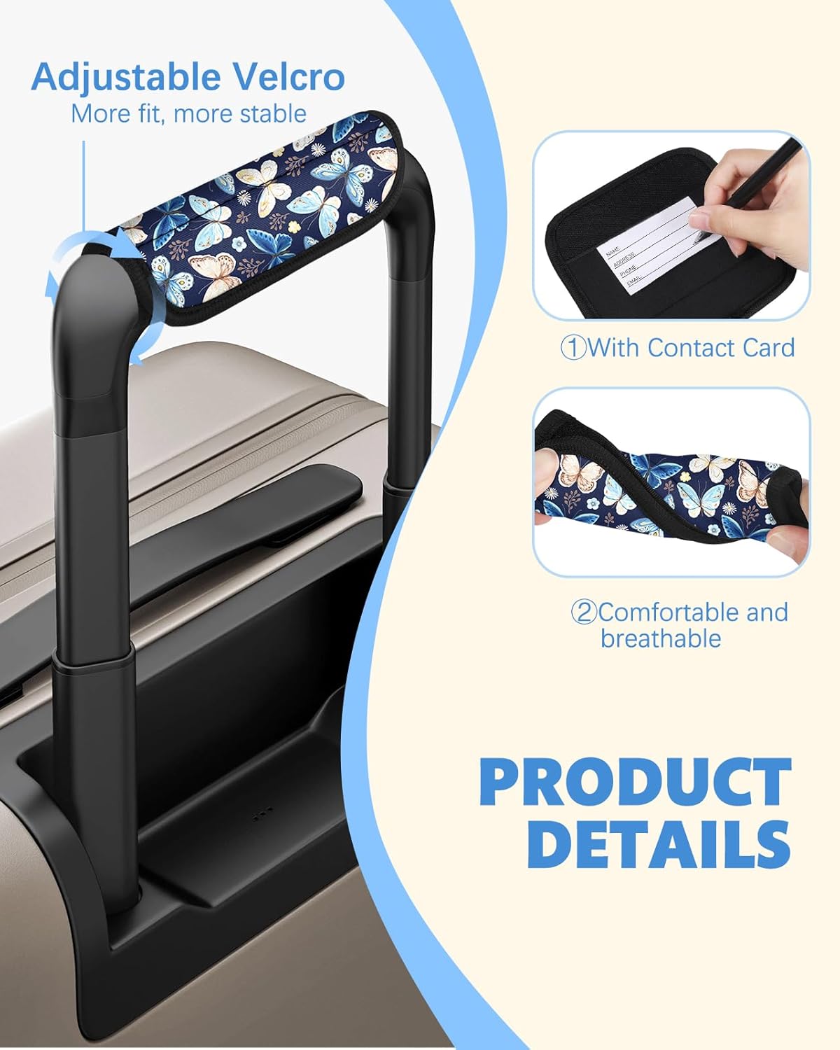 Detalle de OffiEase Neoprene Luggage Handle Wrap Cover 3 Pcs – Velcro Suitcase Identifier Accessories (Butterfly)