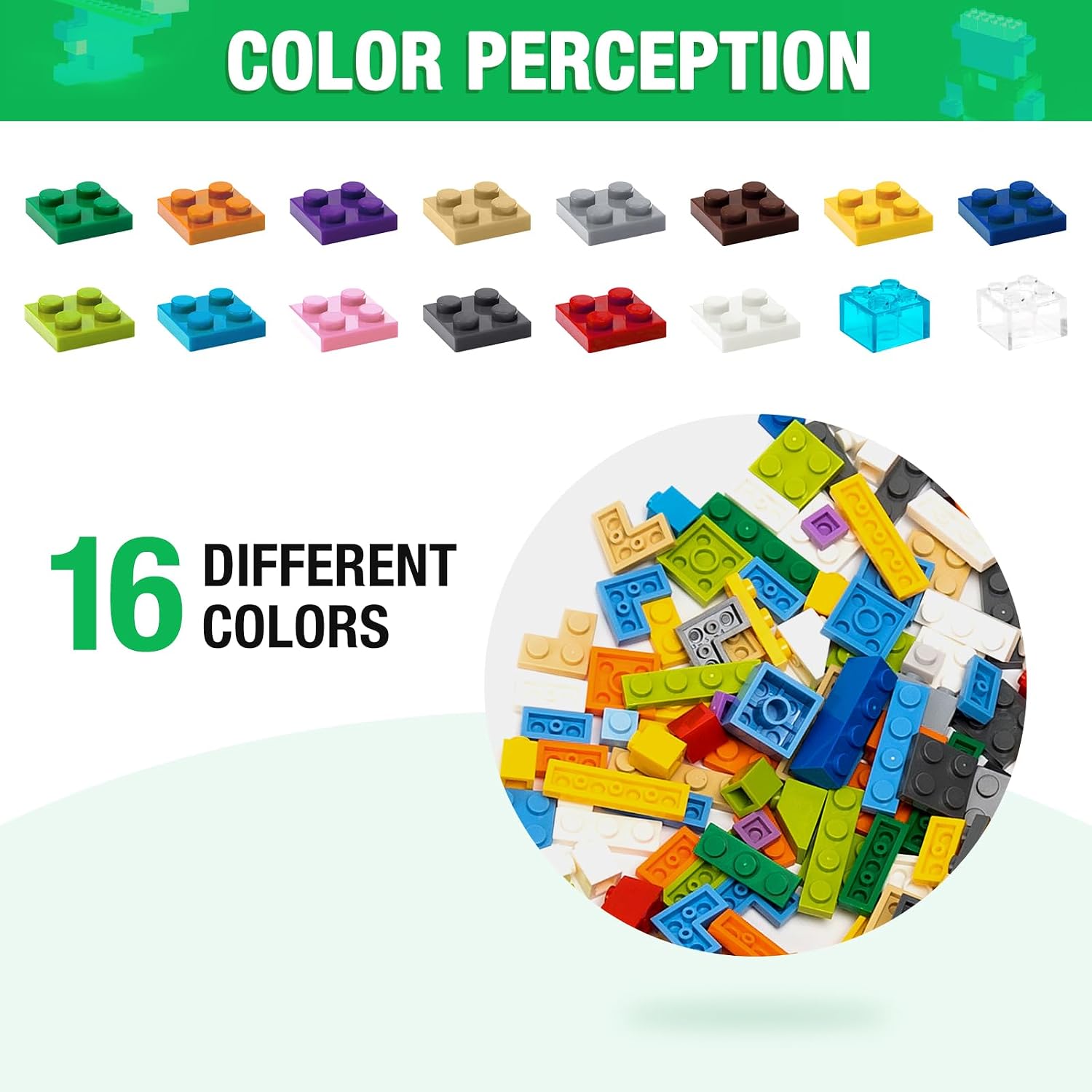 Thumbnail 4 de MANNIDOO 1600-Piece Building Bricks Set with 2 Packs Sticky Plate Base and Wheel Accessory (18 Shapes, 16 Colors)