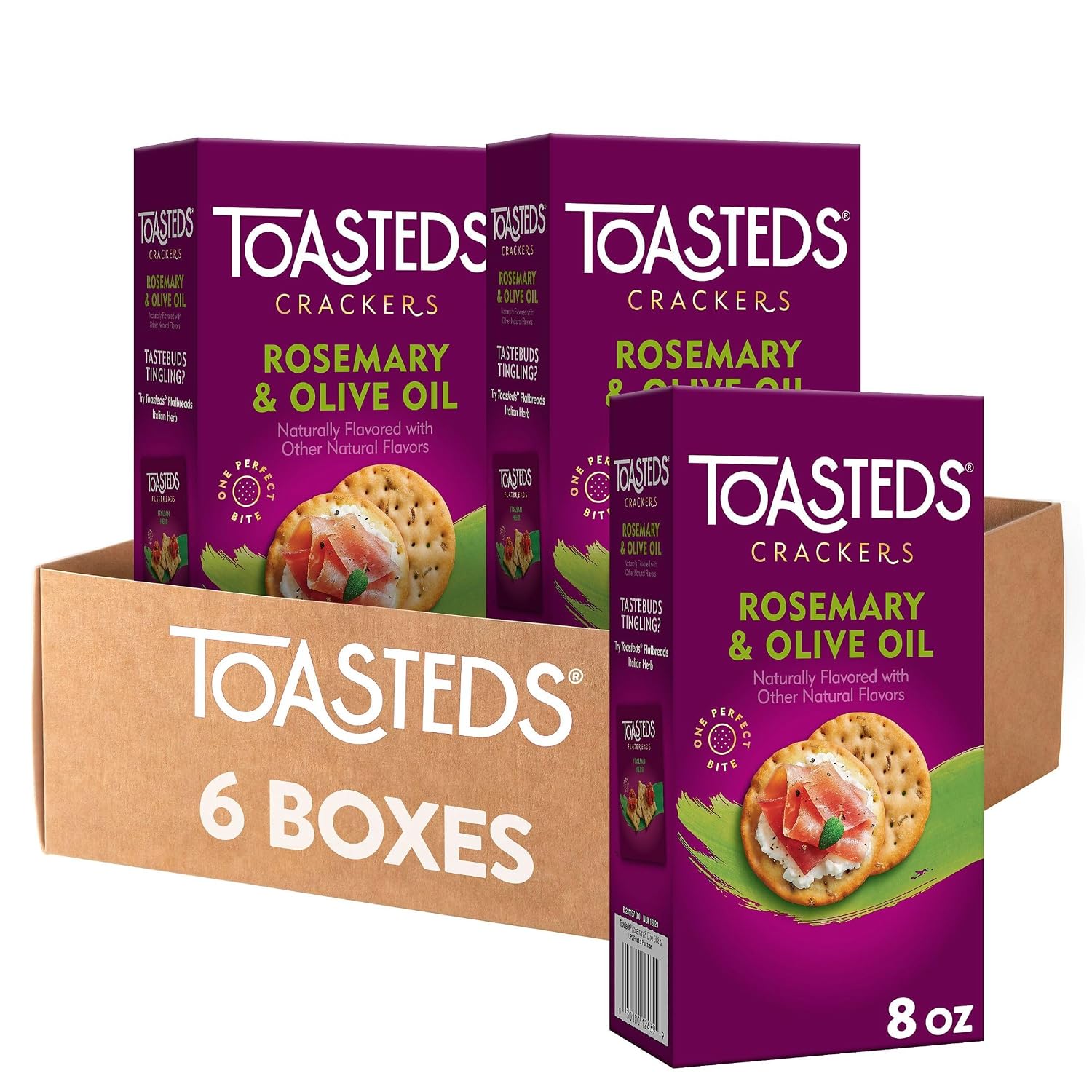 Detalle de Toasteds Rosemary and Olive Oil Crackers, 6 Boxes for Snacks and Entertaining