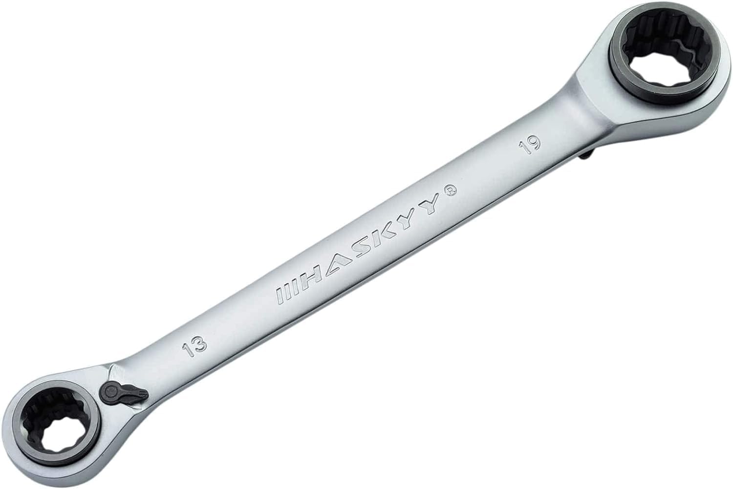 Detalle 2 de HASKYY Chiave a cricchetto 4 in 1 commutabile – 10x13x17x19, acciaio S2, dentatura fine 72 denti, cromata opaca