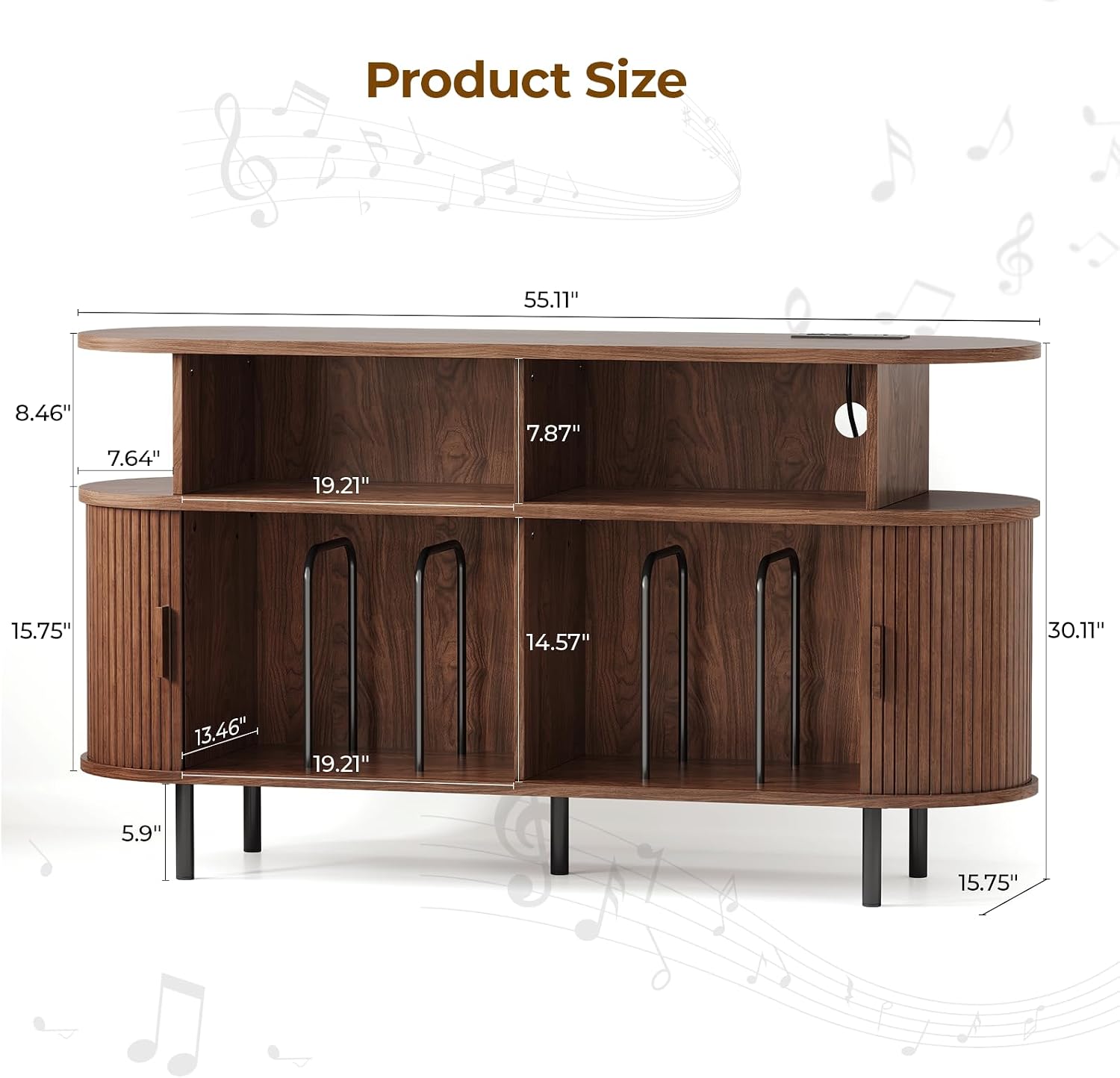 Thumbnail 1 de Lefurture TV-145-LFT Record Player Cabinet, 55-Inch Walnut Vinyl Storage