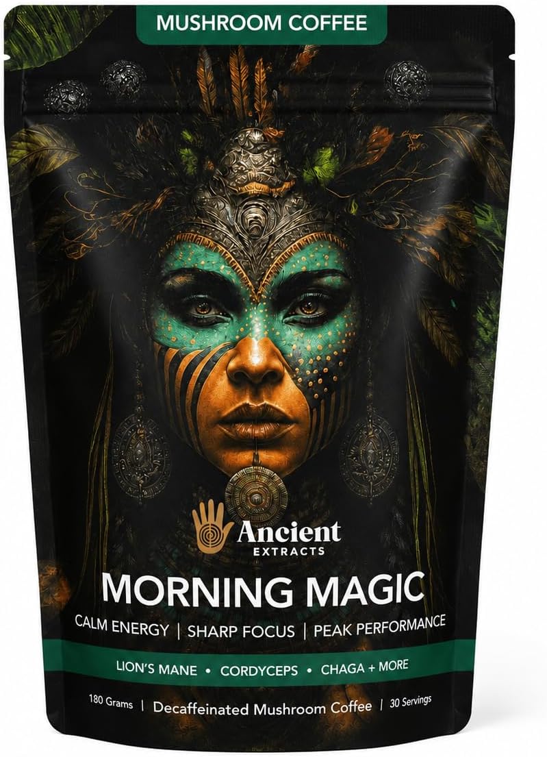 Detalle de Ancient Extracts Morning Magic Mushroom Coffee Decaf (180g) with Lions Mane, Cordyceps, Ashwagandha & Maca Root