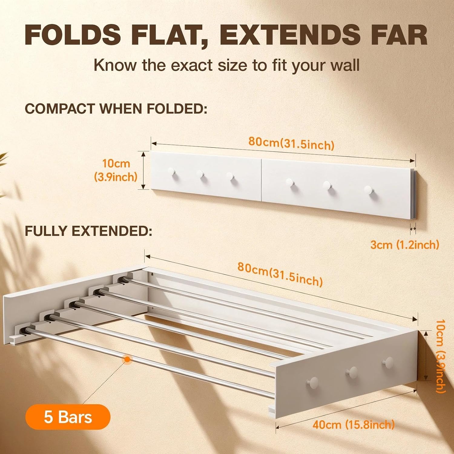 Thumbnail 4 de ZCOINS Foldable Wall Mounted Drying Rack — Space-Saving 5 x 80 cm Bars with 6 Hooks, Heavy-Duty 25 kg Capacity