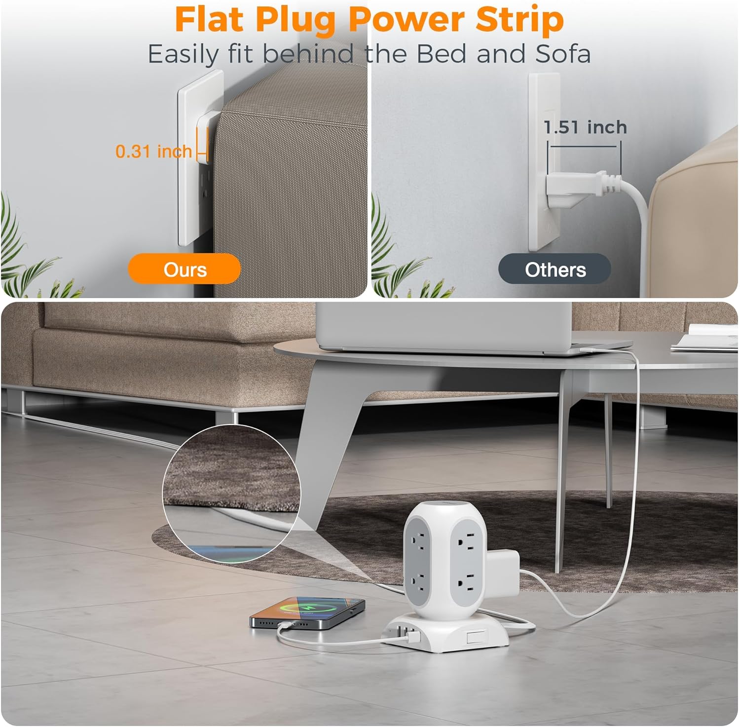 Thumbnail 1 de TESSAN TPS05-US-C Tower Power Bar with 8 AC Outlets, 4 USB Ports and 1050J Surge Protection