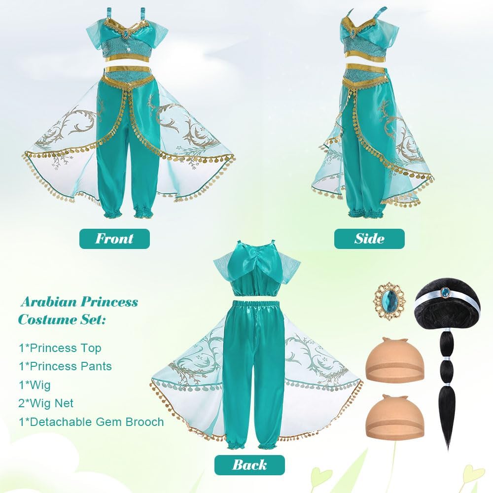 Thumbnail 3 de ACWOO Deguisement de Princesse Jasmine pour Filles – Ensemble complet avec Perruque et Accessoires