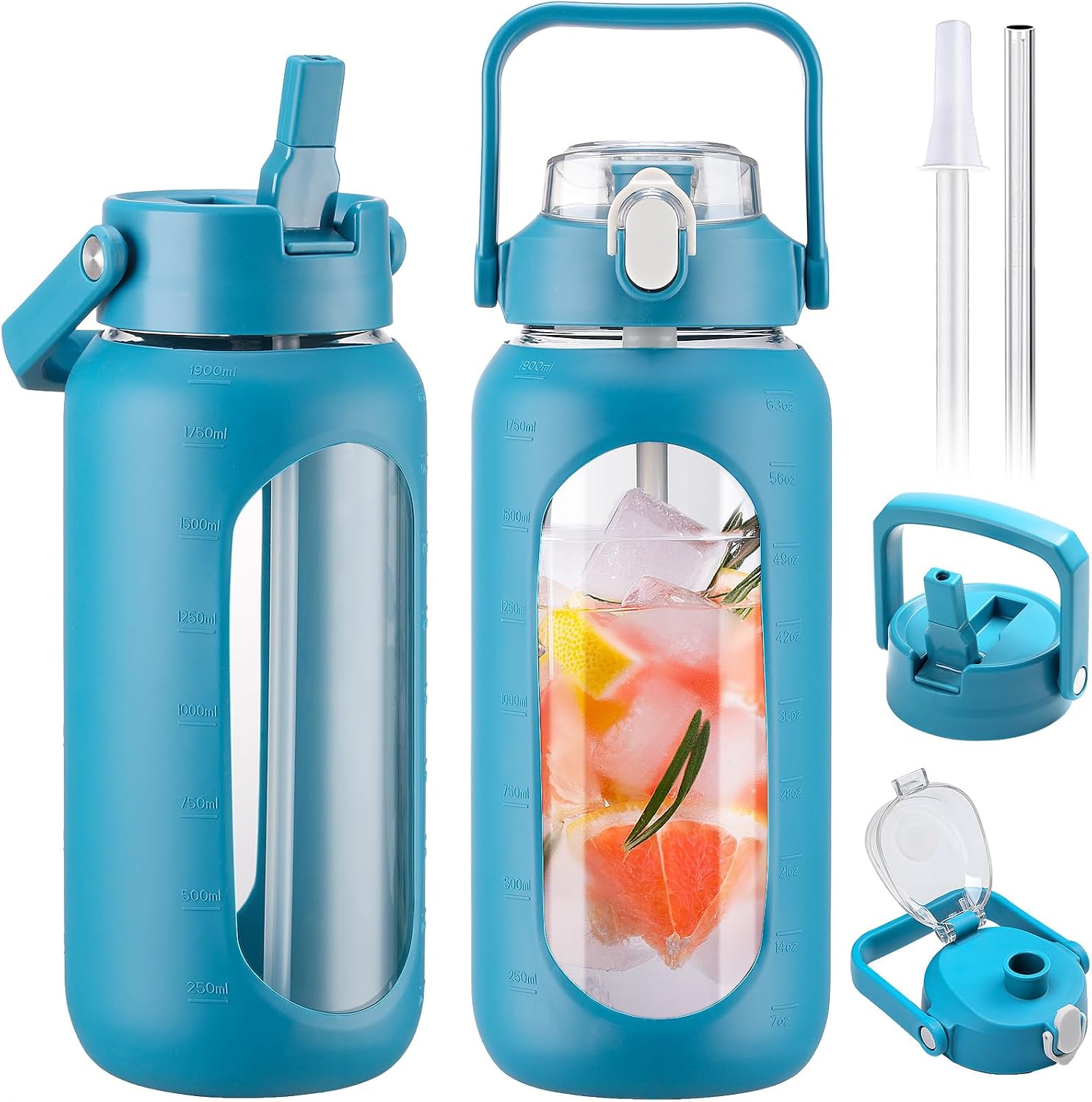 Detalle de BLUEGO 2-Liter Glasflasche mit 2 Deckeln, Zeitmarkierungen und Strohhalm – auslaufsicher