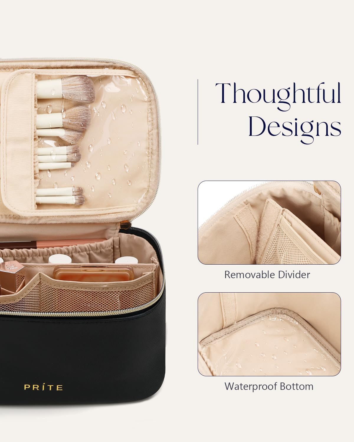 Detalle de Prite große Kosmetiktasche für Damen (24 x 16,5 x 12 cm) mit Griff und abnehmbarem Trenner – schwarz