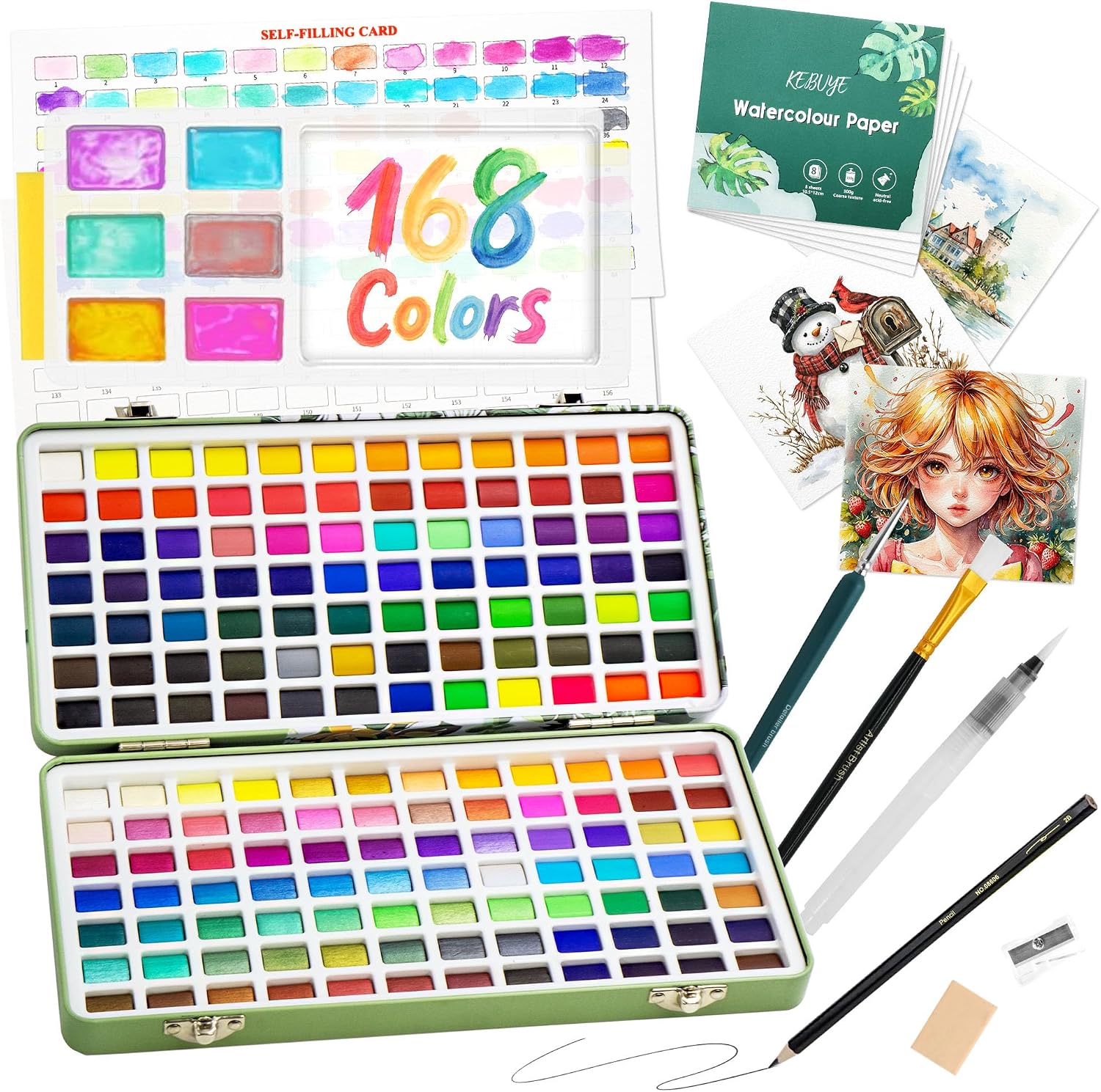 Detalle de Kebuye Watercolour Paint Set 168 Colour – Portable Studio for All Levels
