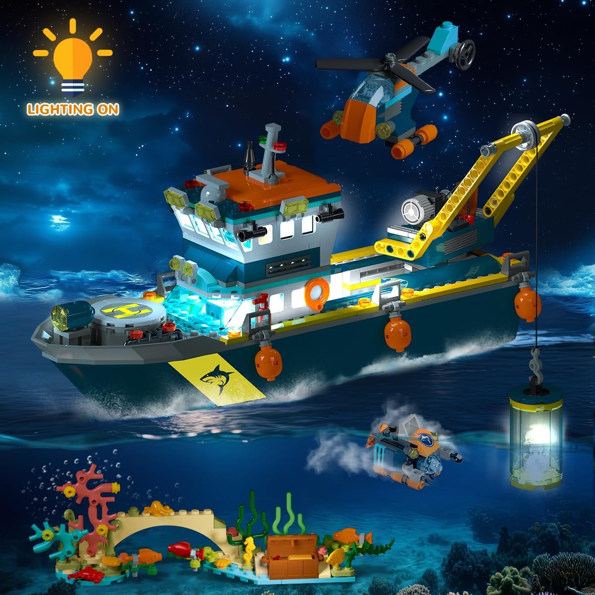Thumbnail 2 de HiWEEGO City Floatable Boat Building Set with LED Light — Ocean Arctic Explorer Ship Kit (542 pcs)