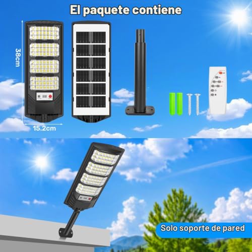 Detalle 2 de PEAKRO Farolas solares LED 600 W con sensor de movimiento, mando y protección IP66 (2 unidades)