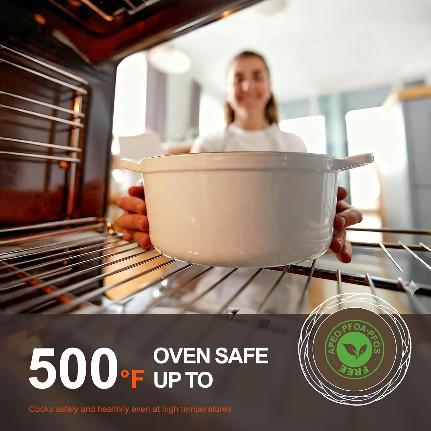 Thumbnail 3 de Overmont Enameled Cast Iron Dutch Oven (5.5QT) with Lid, Cookbook & Cotton Potholders — White