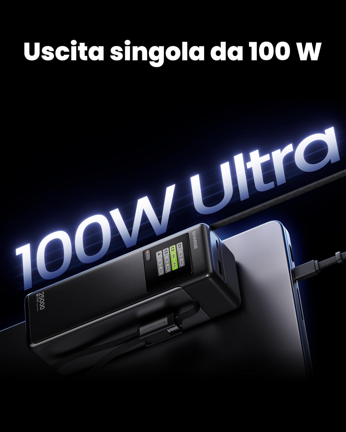 Detalle 2 de SHARGE Power Bank Portatile HyperTower 170W: Batteria da 25000mAh con 4 uscite indipendenti e cavi USB-C integrati