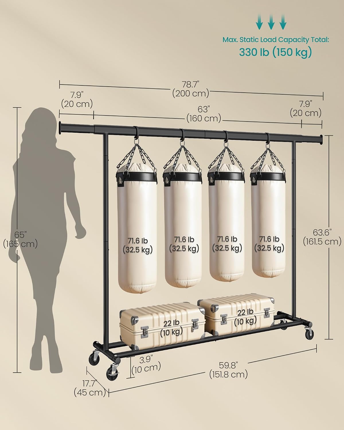 Thumbnail 6 de SONGMICS Clothes Rack on Wheels, Heavy Duty Rail with Extendable Hanging Rail, 150 kg Load Capacity – HSR175B01