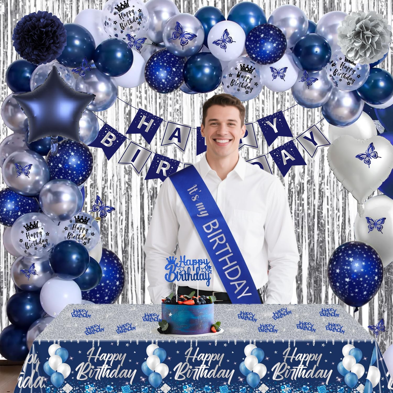 Detalle 2 de Geburtstagsdeko Blau Silber – Komplettset für Marine-Blau-Silbernen Geburtstag