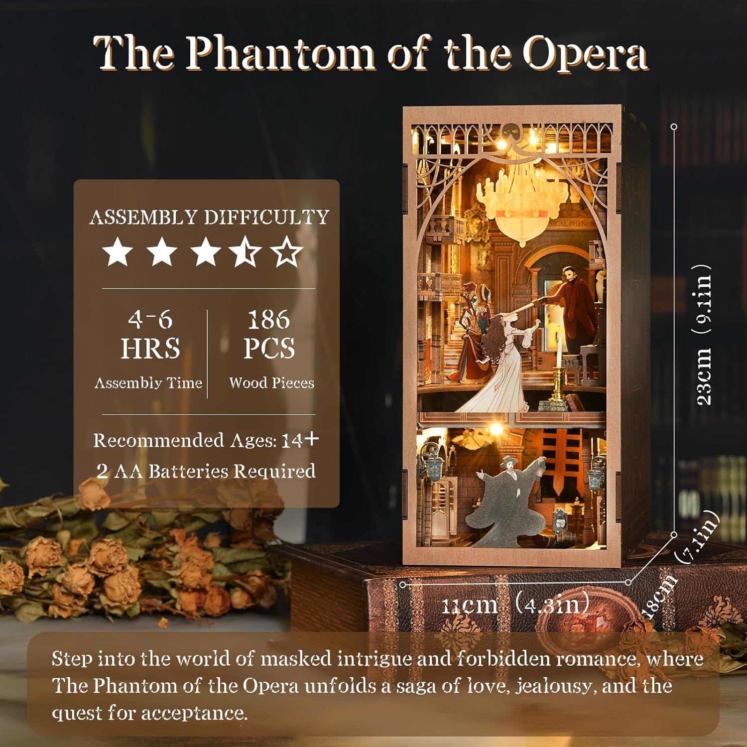 Detalle 2 de CCCDF Phantom of the Opera Book Nook Kit — DIY 3D Wooden Bookend with LED Light