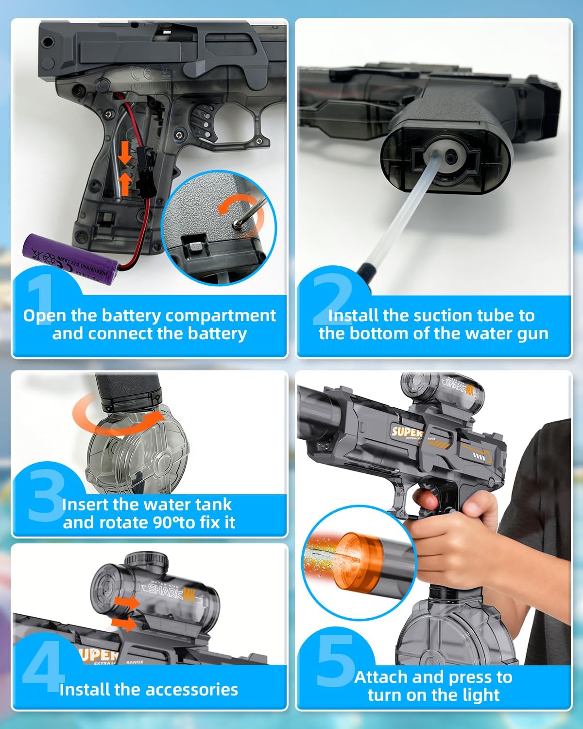 Detalle de 2 Pièces Pistolet à Eau Électrique avec Effets de Flamme LED – Puissant et Rechargeable pour Enfants 3–12 ans