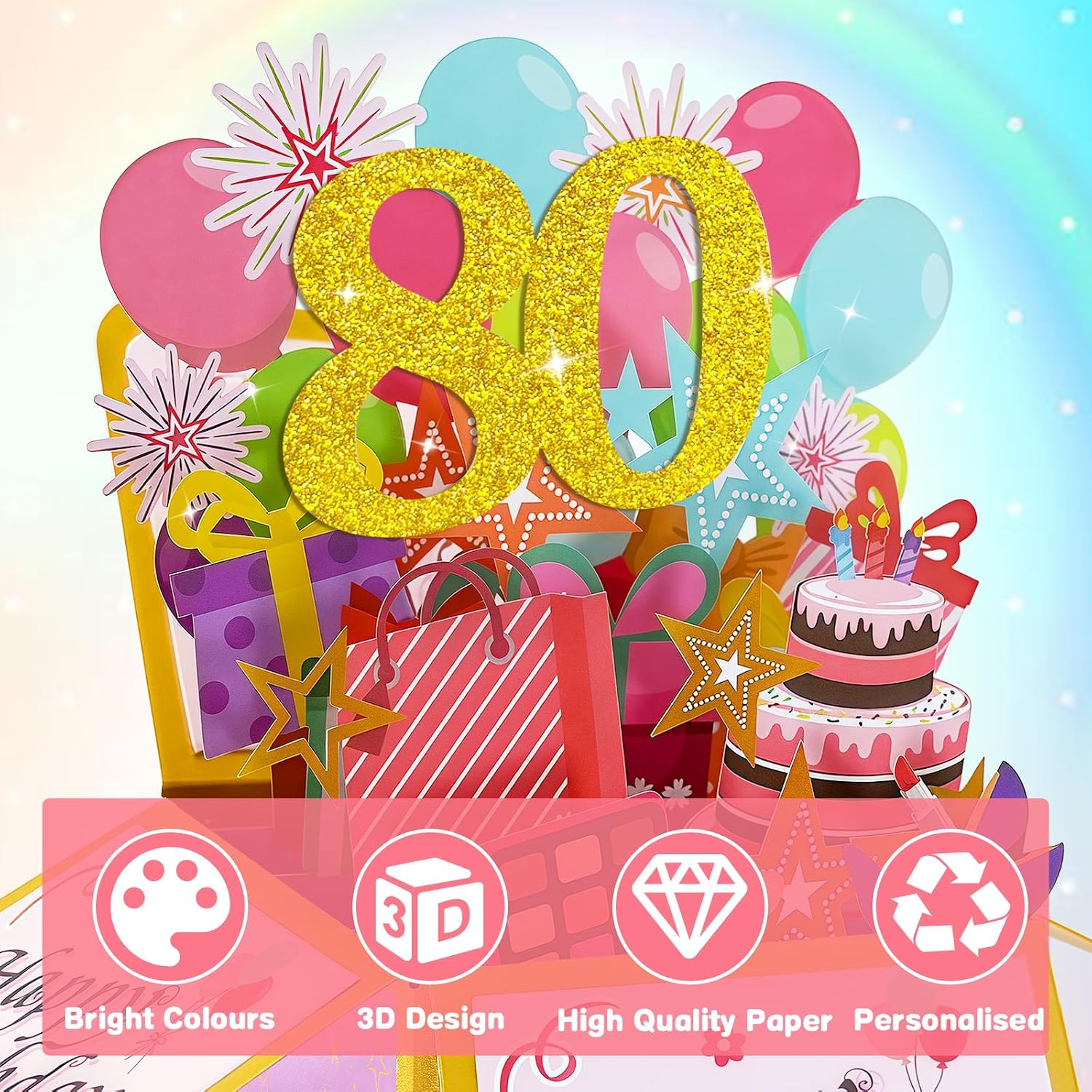 Detalle de Hierein 80th Birthday Card for Women – Pink Pop Up 3D Gift Box Card