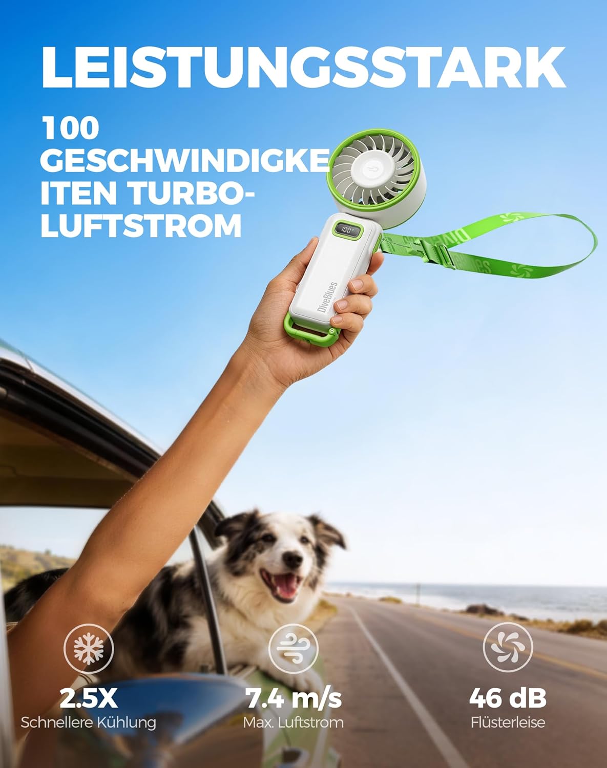 Detalle 2 de Diveblues Handventilator Tragbarer Turbo-Ventilator mit 100 Stufen – 4-in-1, USB-C, 3600 mAh
