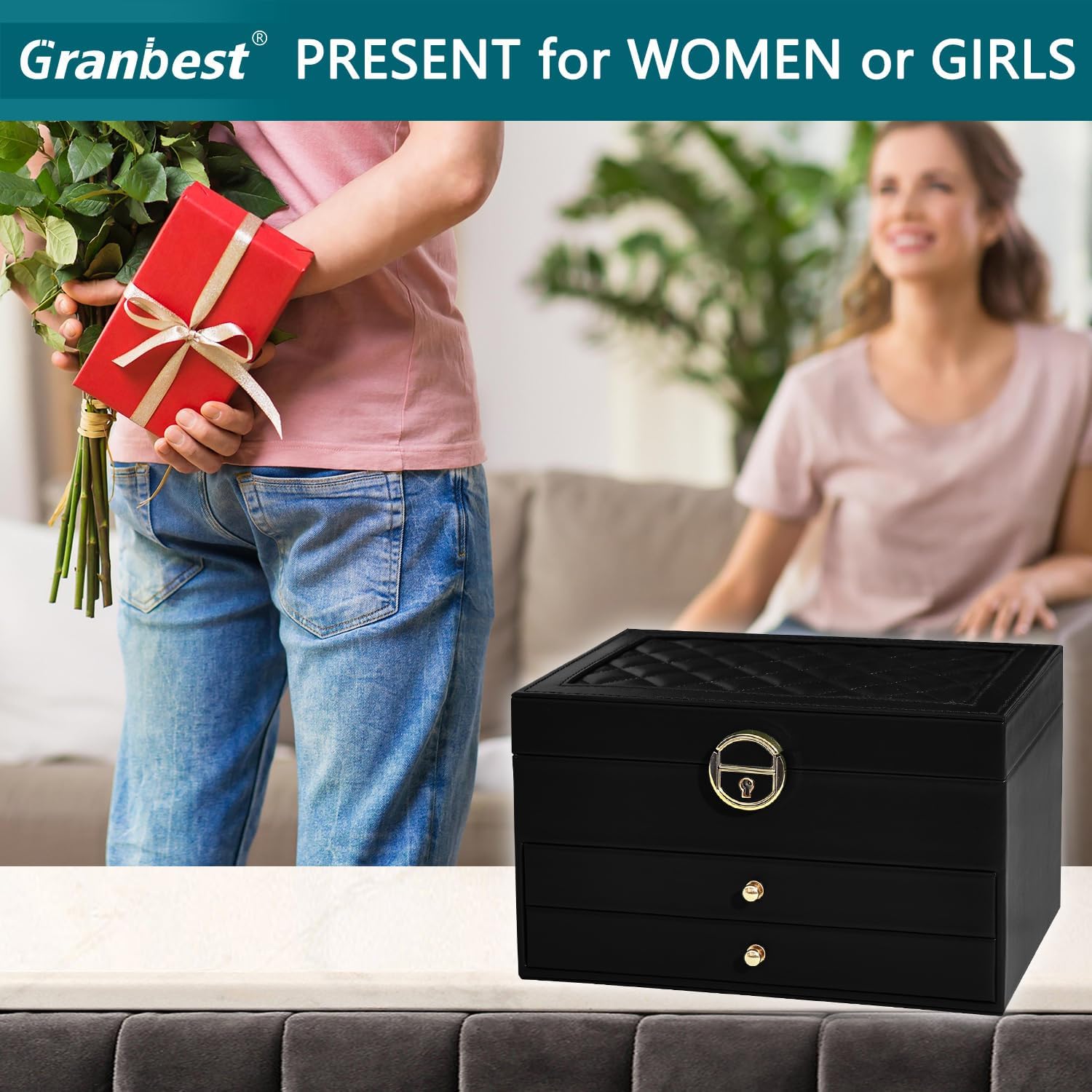 Thumbnail 6 de Granbest 3 Layers Jewellery Box with 2 Drawers (Black) – Elegant Leather Jewellery Storage Case