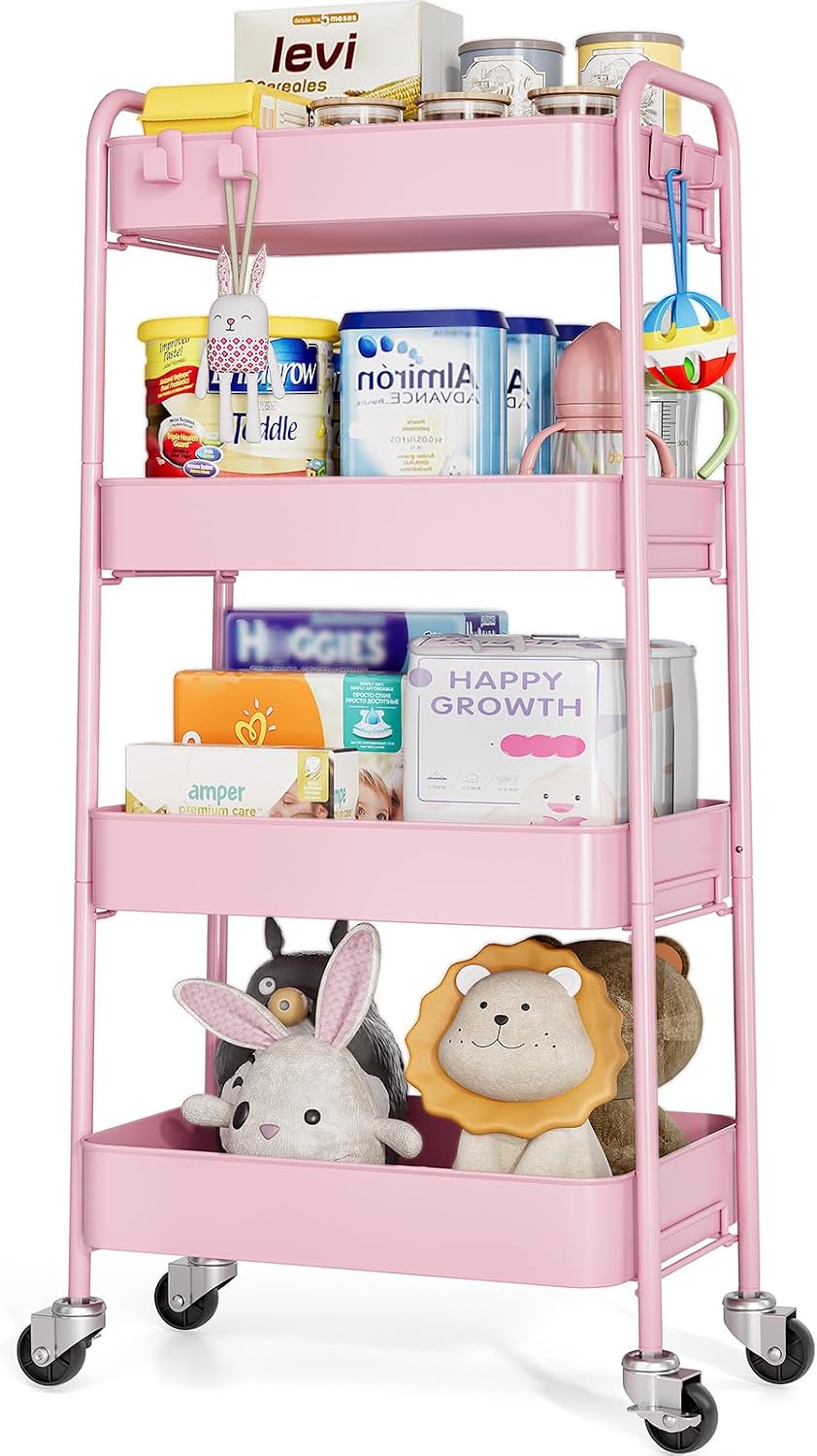 Detalle de TOOLF 13106 4-Tier Metal Rolling Cart, Pink with Locking Wheels