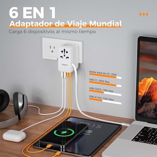 Detalle de TESSAN Adaptador Enchufe Universal 6 en 1 con cable USB‑C retráctil (PD 35 W)