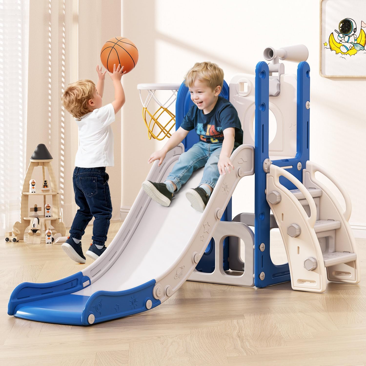Detalle de Babytronic 6-in-1 Toddler Slide: Indoor/Outdoor Climber with Basketball Hoop and Telescope