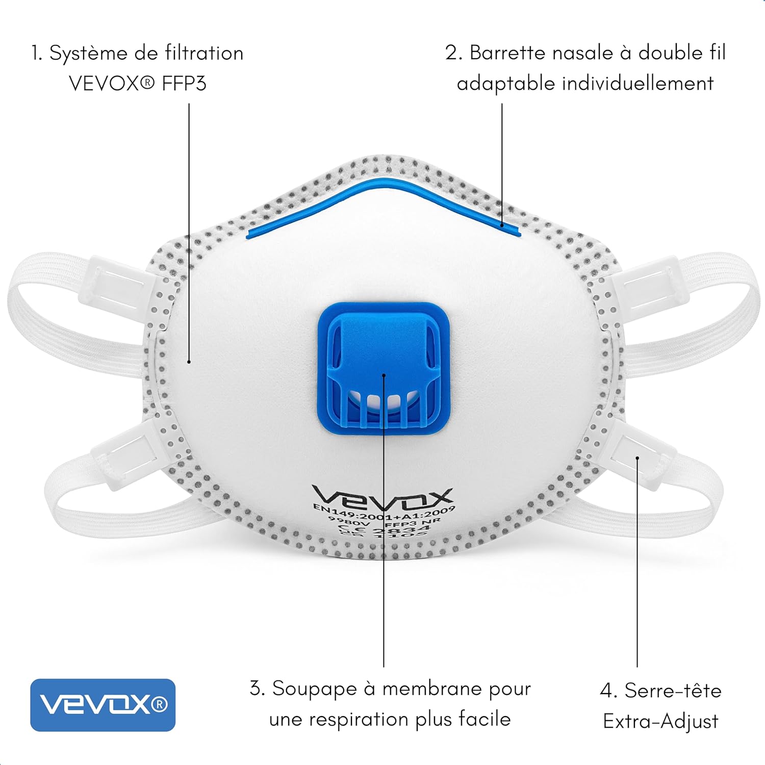 Thumbnail 1 de VEVOX® Masque FFP3 - Lot de 20 pour Travaux, Chantier et Bricolage avec Valve