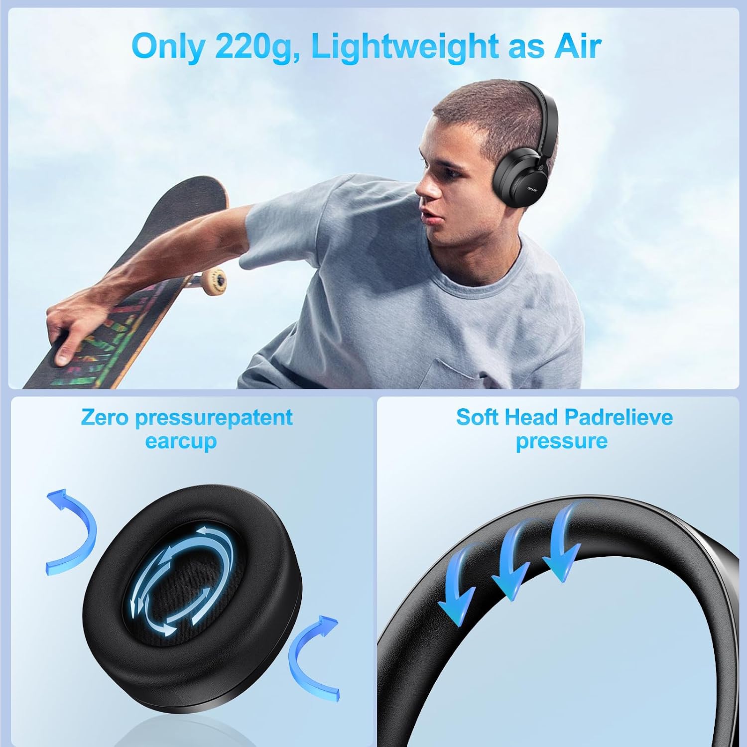 Detalle de Noise Cancelling Wireless Bluetooth Over-Ear Headphones with Microphone (Black) – 65h Playtime