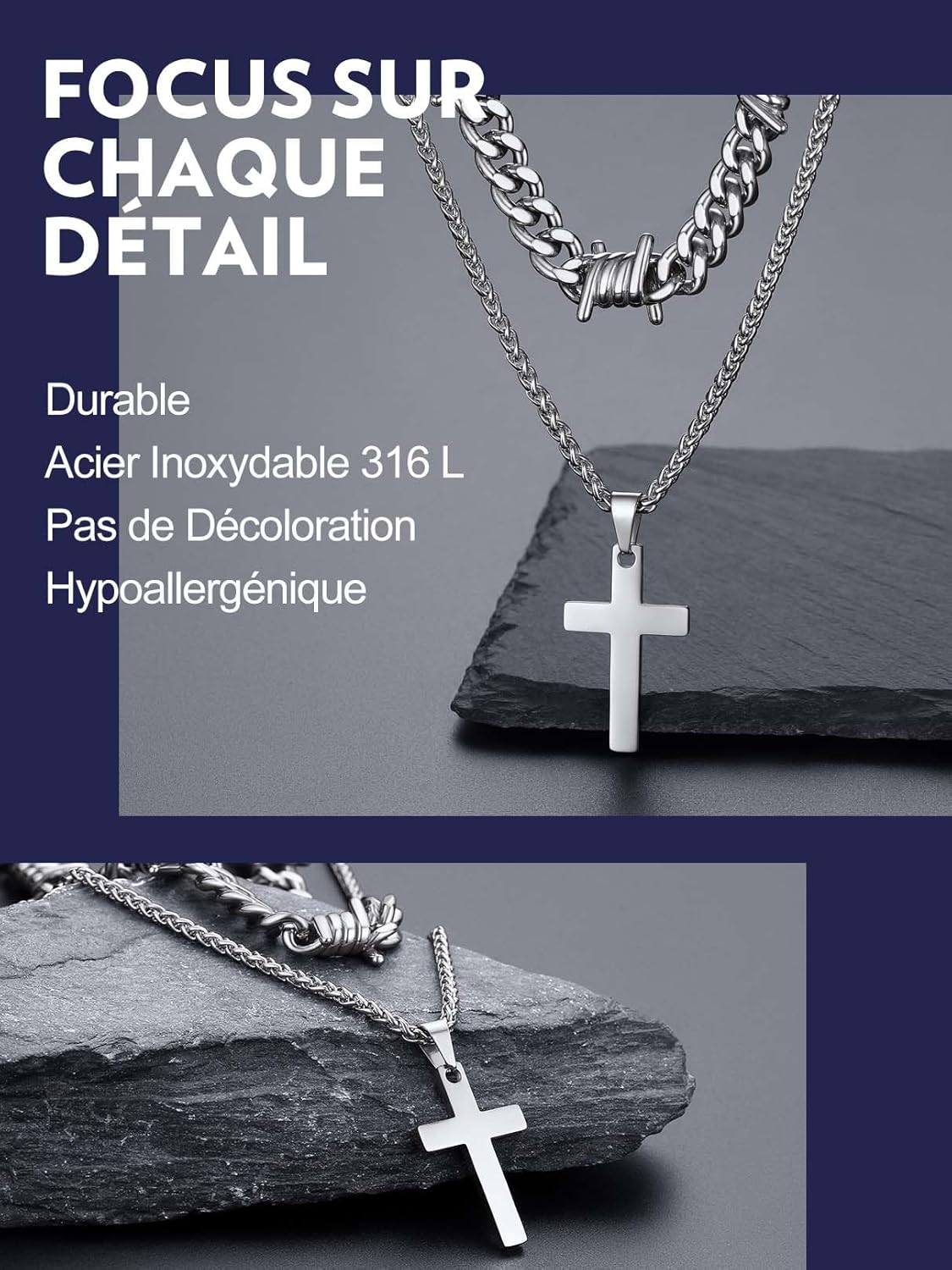 Thumbnail 4 de Bandmax Chaîne Homme Acier Inoxydable Épines et Croix – 40/45/50/55 cm, 9–12 mm (Gothique) – Collier Hip Hop