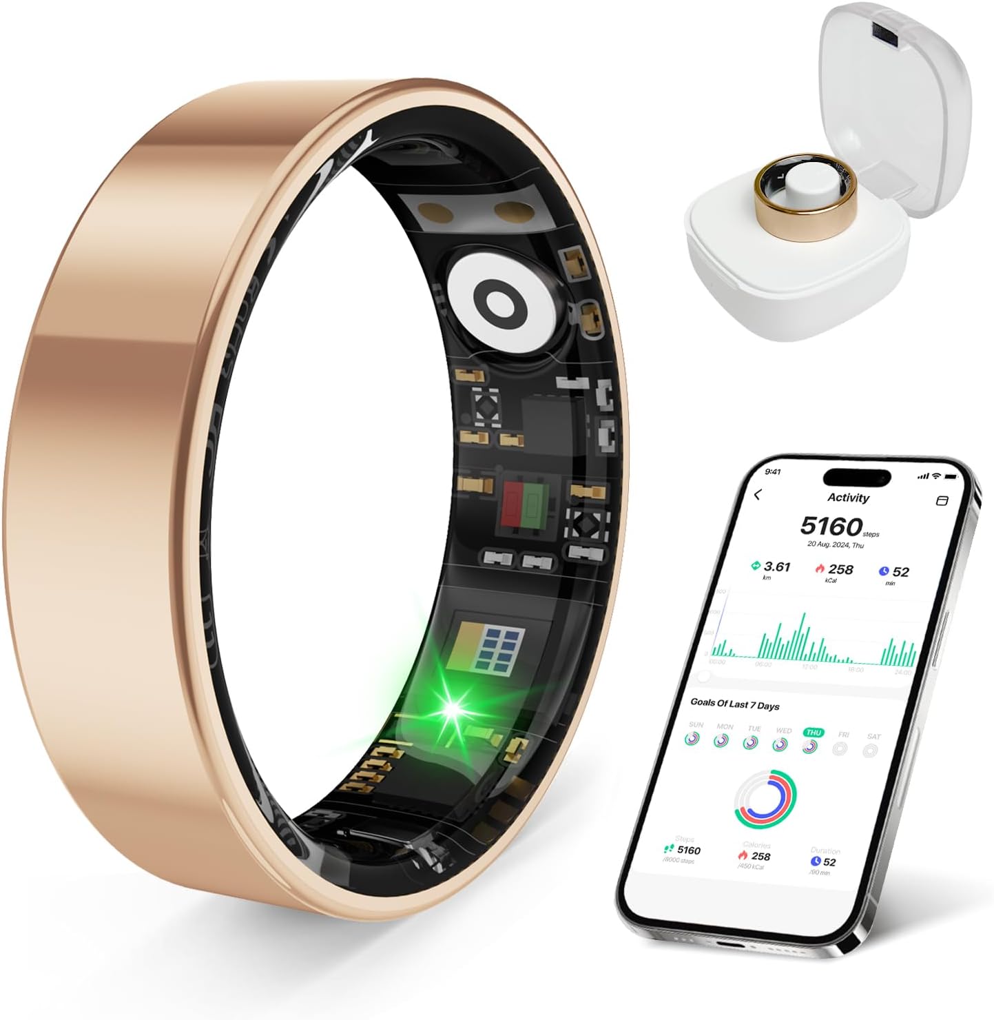 Detalle de prxxhri VR11 Smart Health Ring, Rose Gold, Size 8, 80-Meter Waterproof
