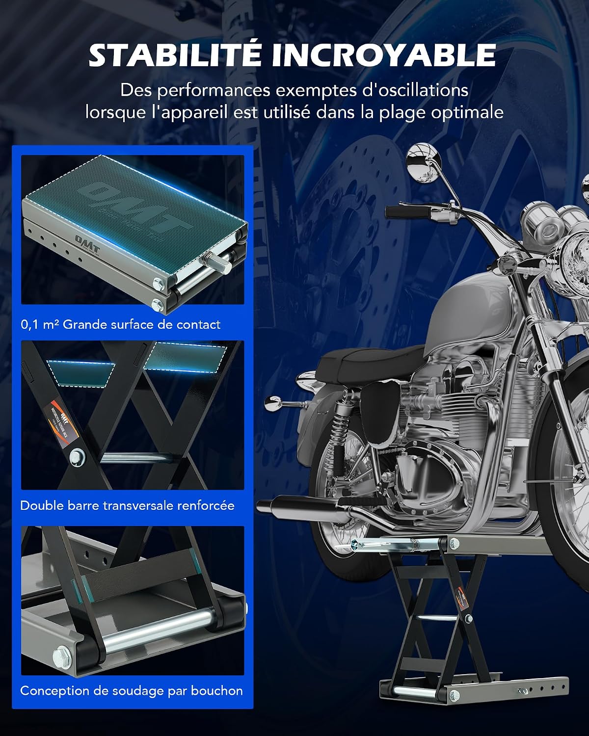 Detalle de Cric à Ciseaux pour Motos Orion Motor Tech – Capacité 500 kg, Plateforme Large et Sûreté renforcée