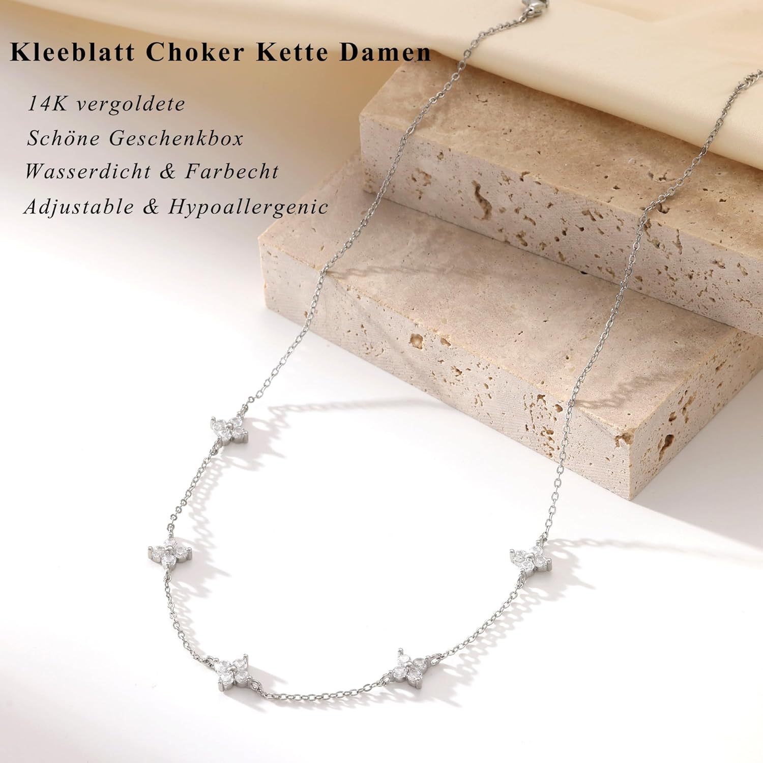 Thumbnail 2 de HARJJME Damen Halskette Gold & Silber (925, 14K vergoldet) mit Kleeblatt, Herz & Cubic Zirkonia – Choker Charm Kette