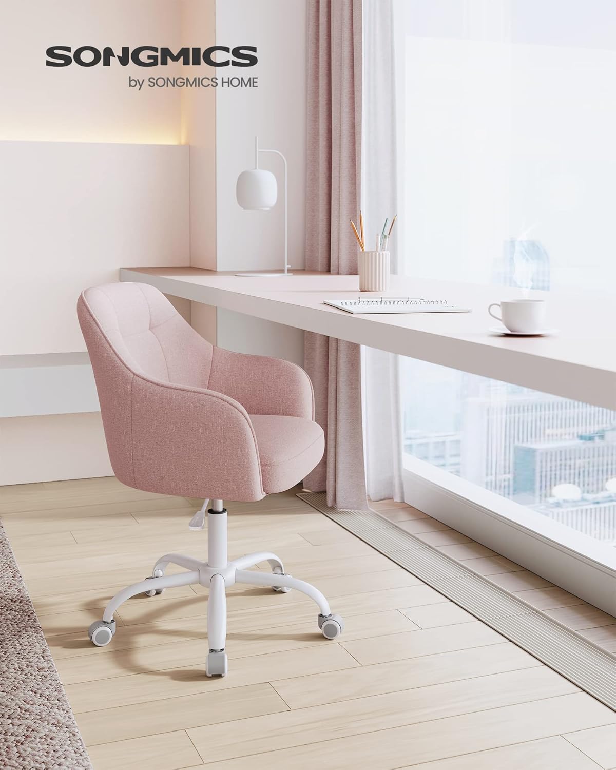 Detalle de Sedia da studio girevole SONGMICS con altezza regolabile, portata 110 kg e tessuto cotone-lino rosa OBG019P01