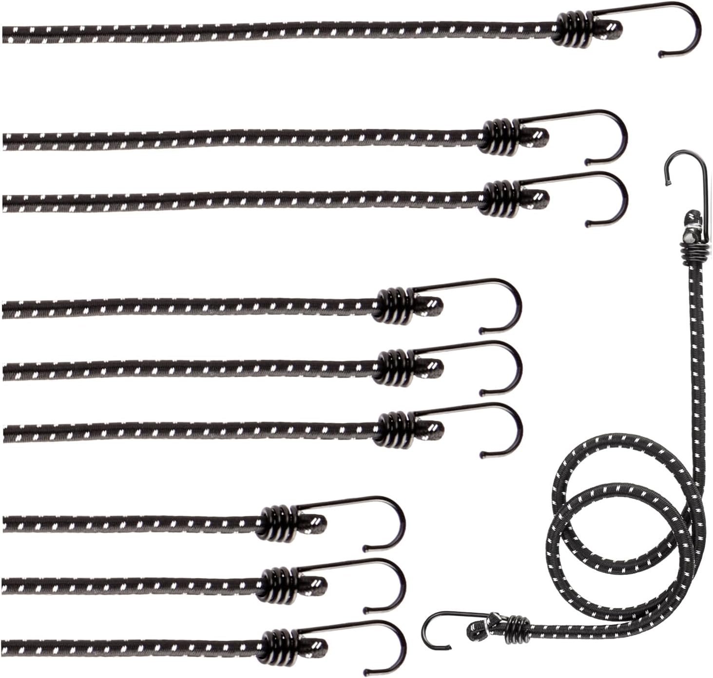 COM-FOUR Set da 10 cinghie elastiche con strisce riflettenti – 4 misure e ganci in metallo