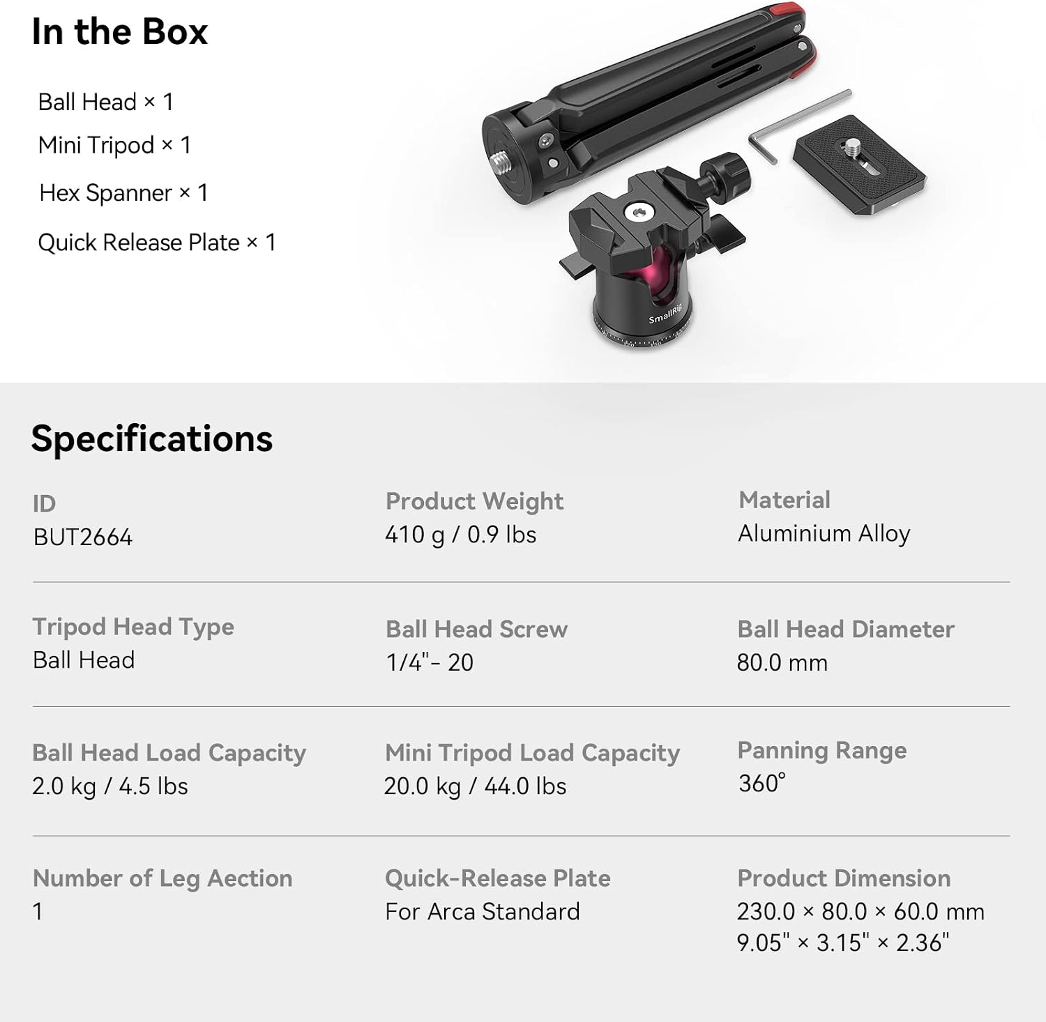 Thumbnail 6 de SmallRig BUT2664 mini tabletop tripod with 360° ball head and 1/4 screw mount adapter