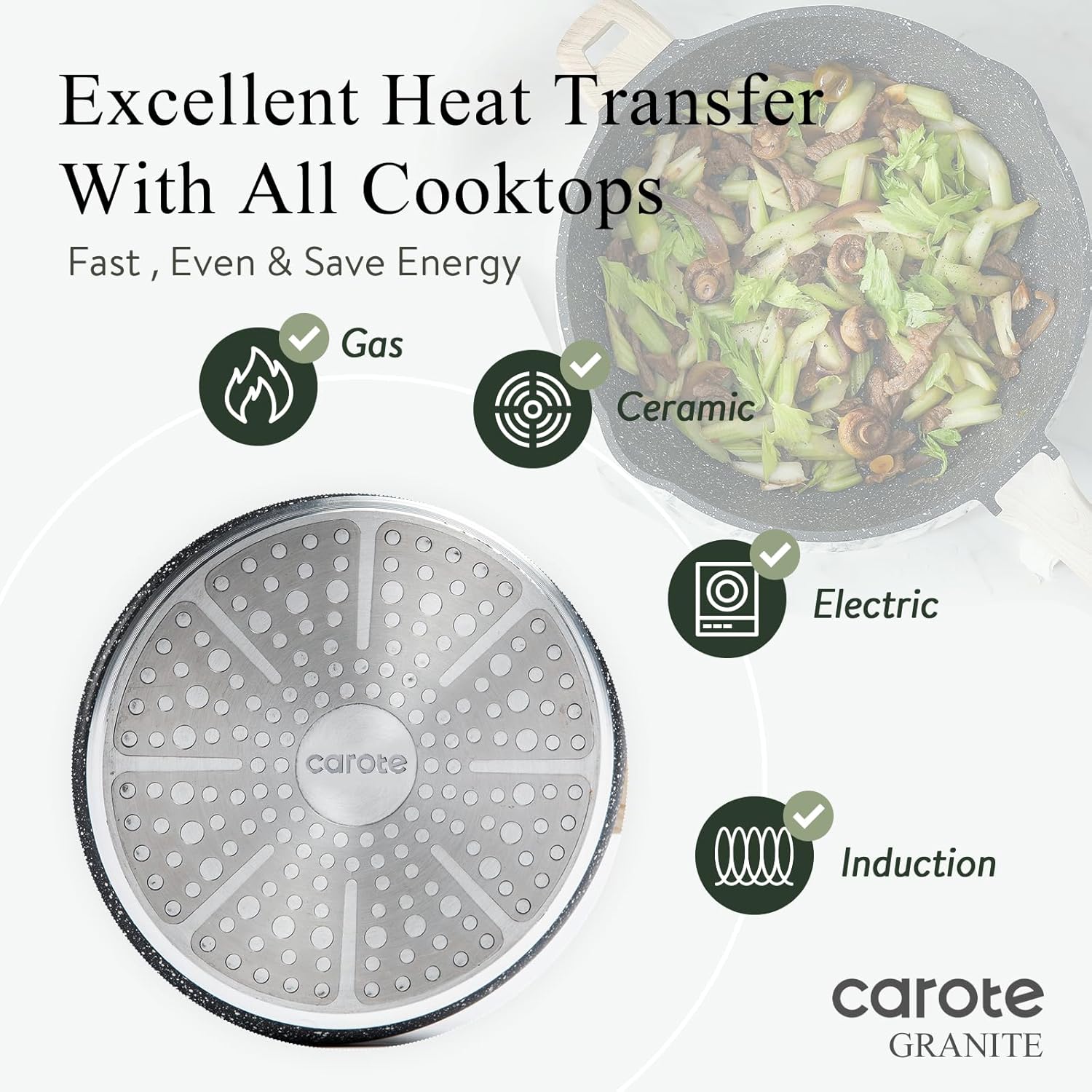 Detalle de CAROTE 10/12/12.5 Inch Nonstick Deep Frying Pan with Lid (Granite, PFOA-Free)