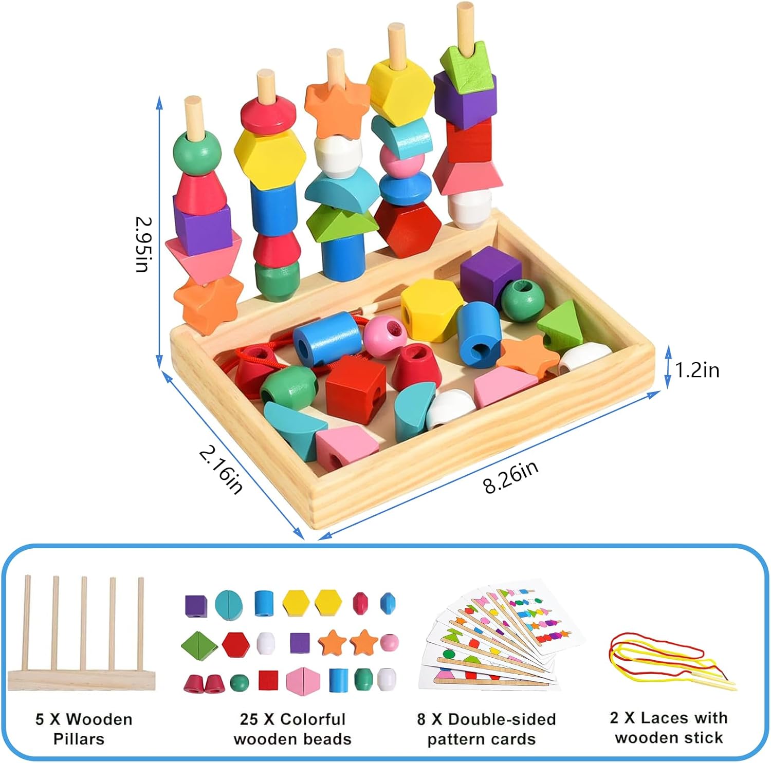 Detalle 2 de Guopai Montessori Spielzeug ab 2-4 Jahren – Fädel- und Steckspiel aus Holz mit Aufbewahrungsbox