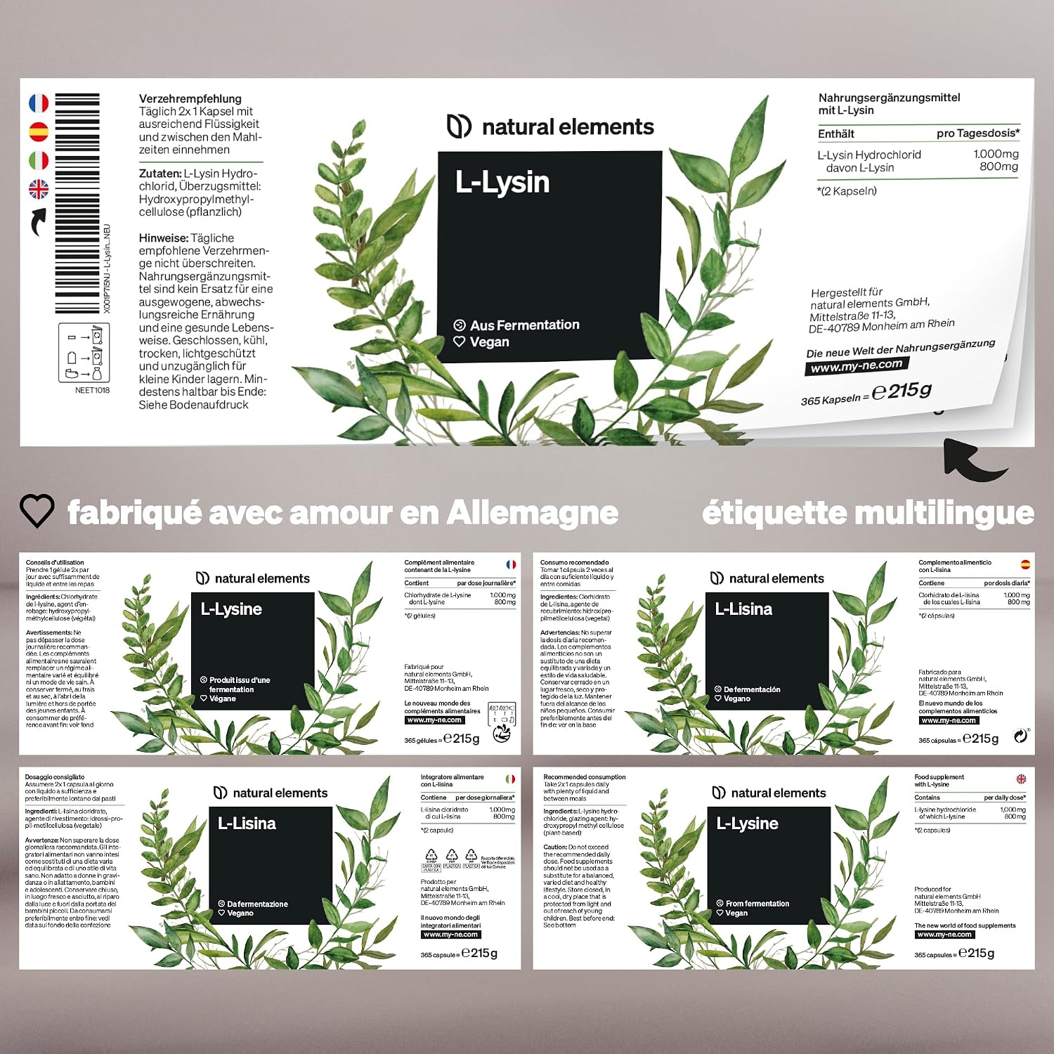 Thumbnail 4 de L-Lysine – 365 gélules (1 000 mg par dose journalière) – végane, sans additifs, fermentation végétale