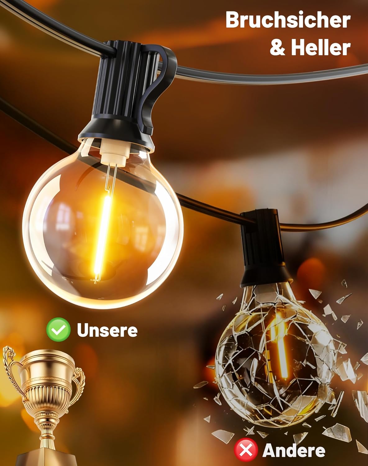 Thumbnail 1 de EVXFG LED-Lichterkette für außen 9 m, G40 (12+1), IP44, 2700K warmweiß – für Terrasse, Balkon & Garten