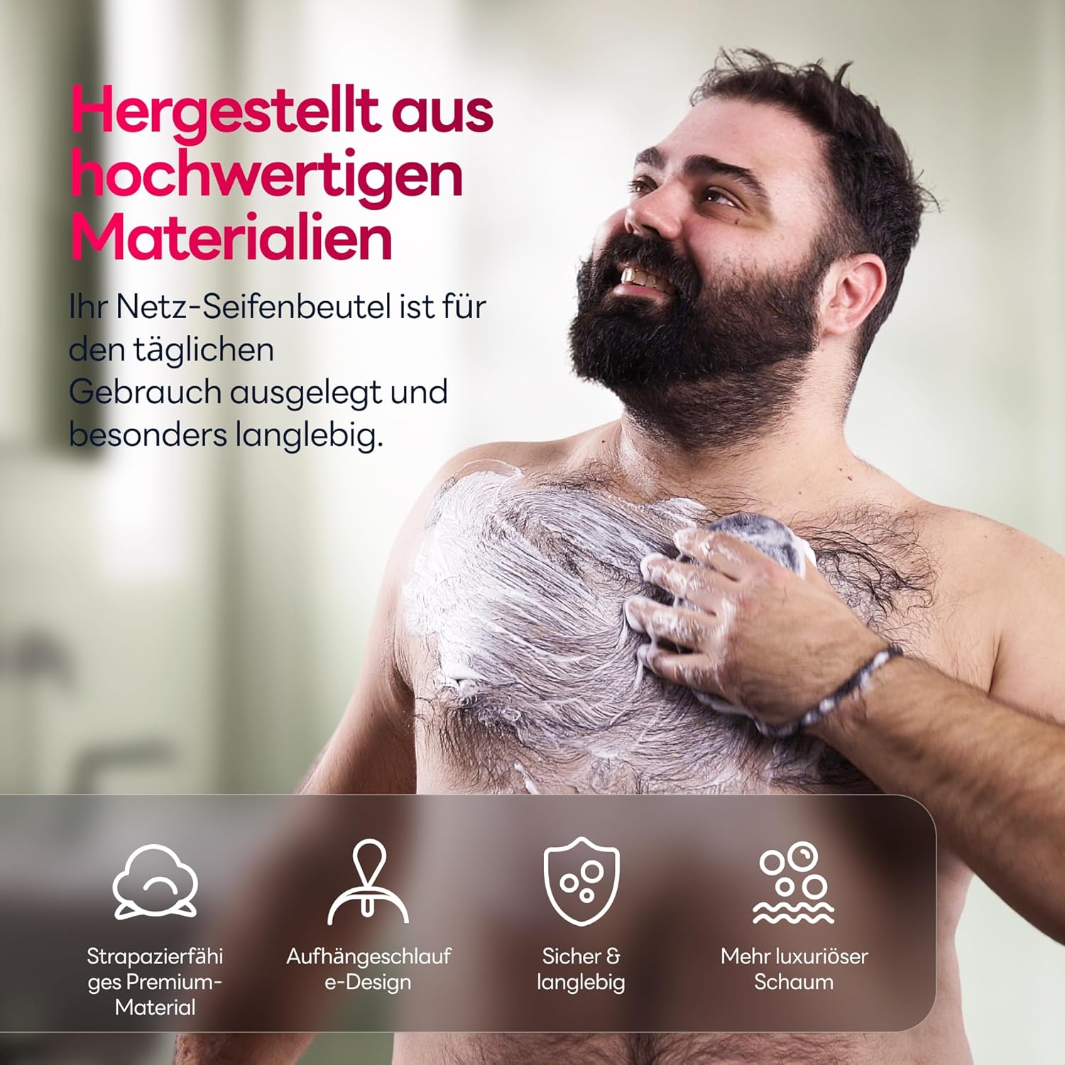 Detalle 2 de Seifenspender-Tasche mit Rauer & Sanfter Peeling-Oberfläche – Netzbeutel mit Griff, 2er Pack