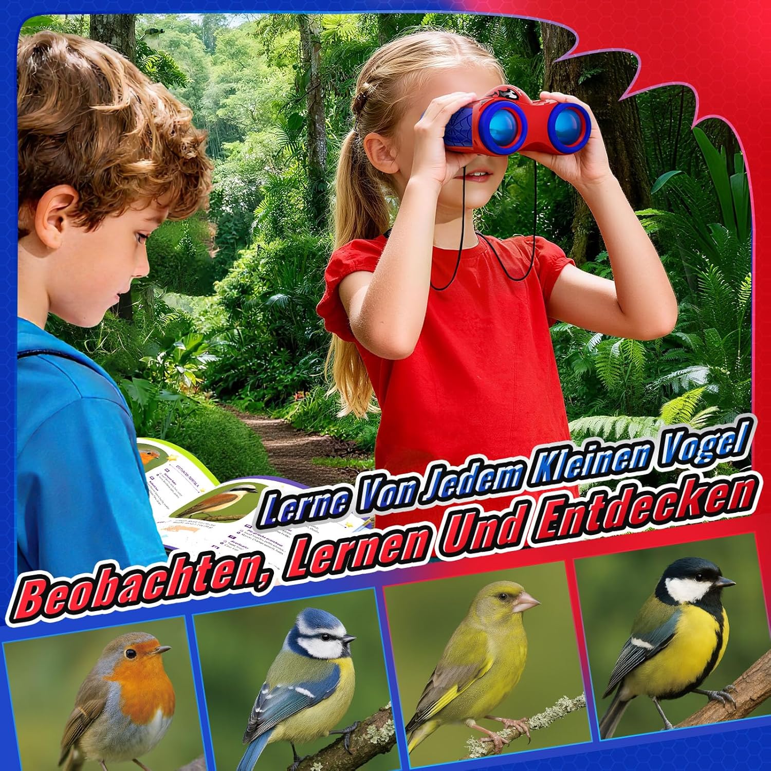 Detalle de Spielzeug-Fernglas für Jungen ab 3 Jahren mit Kompass & Vogelbuch – Outdoor-Abenteuer im Helden-Look