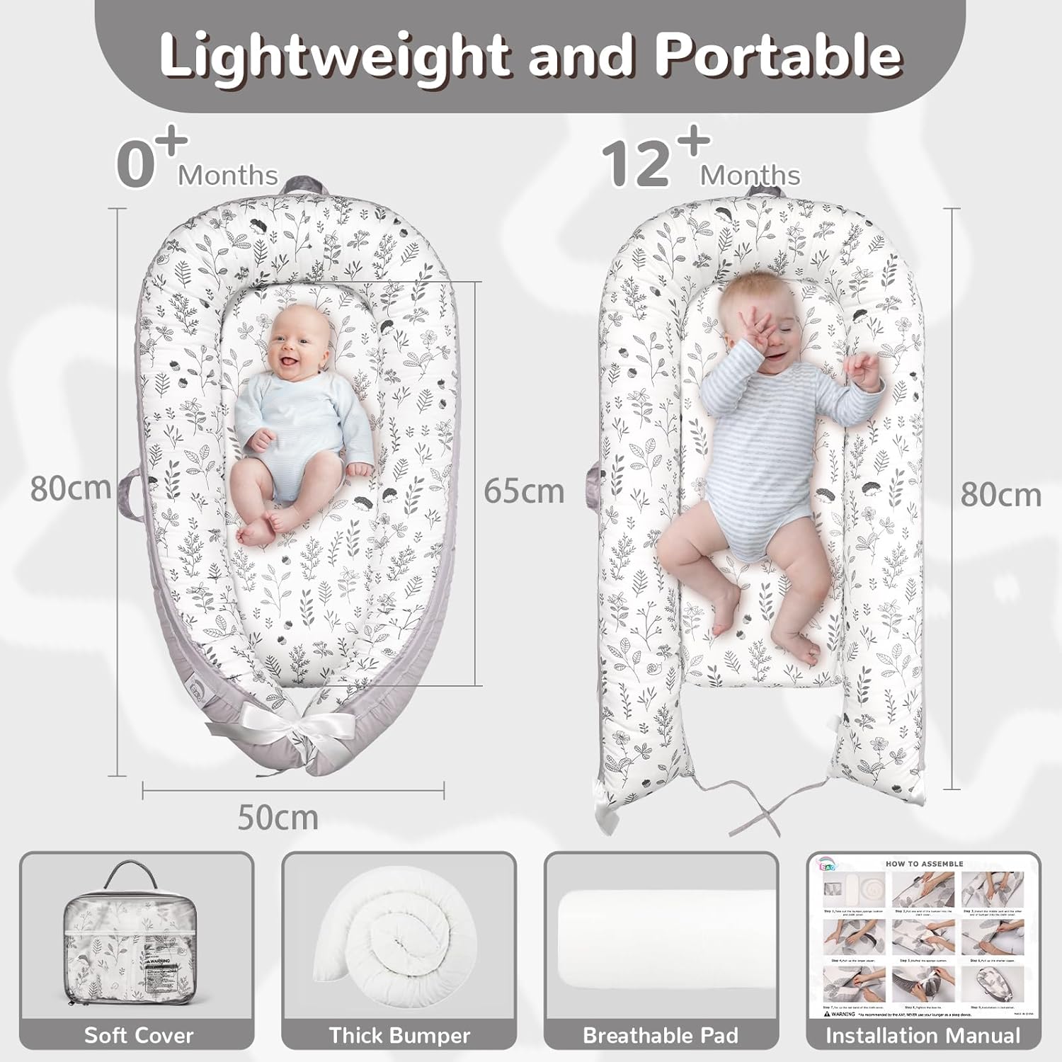Thumbnail 2 de EAQ Baby Lounger Baby Nest for Co-Sleeping (Cotton) – Hedgehog, for 0–12 Months