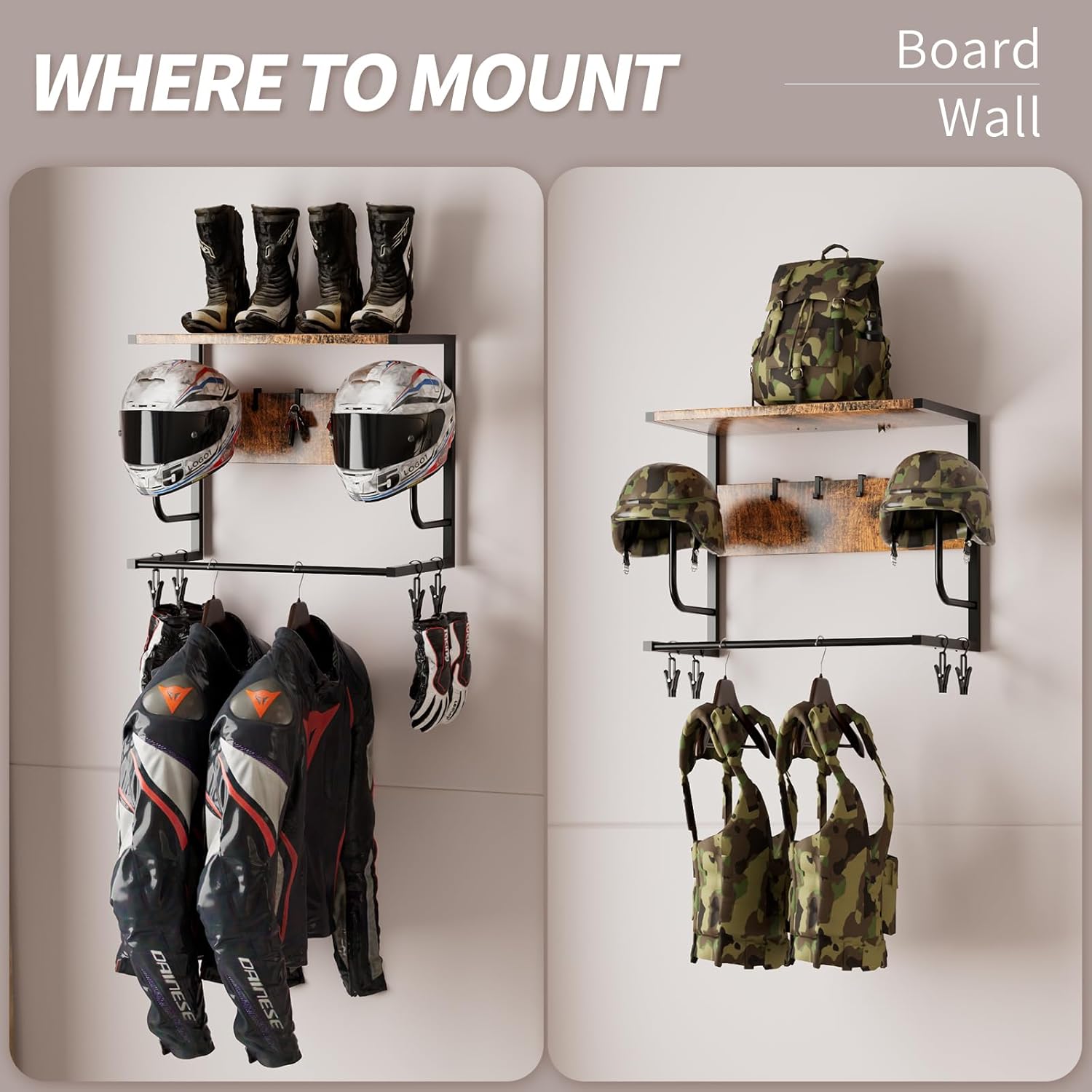 Thumbnail 3 de OMISRUIS Motorcycle Helmet Holder Wall Mounted with Iron & Wood Rack, 4 Glove Clips and 4 Hooks