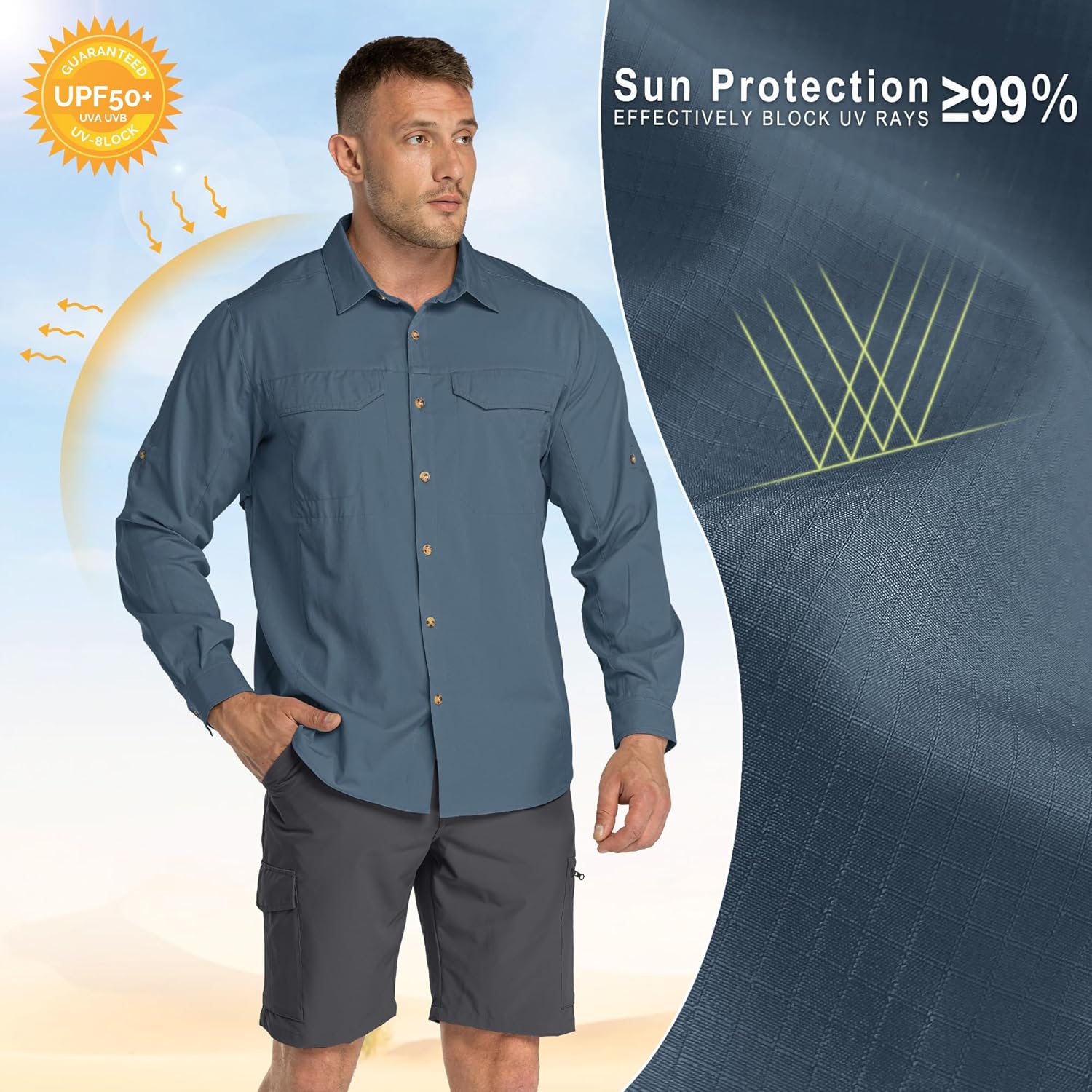 Thumbnail 4 de 33,000ft Funktionshemd Herren UPF50+ UV-Schutz – atmungsaktives Langarm-Button-Down für Outdoor, Angeln & mehr