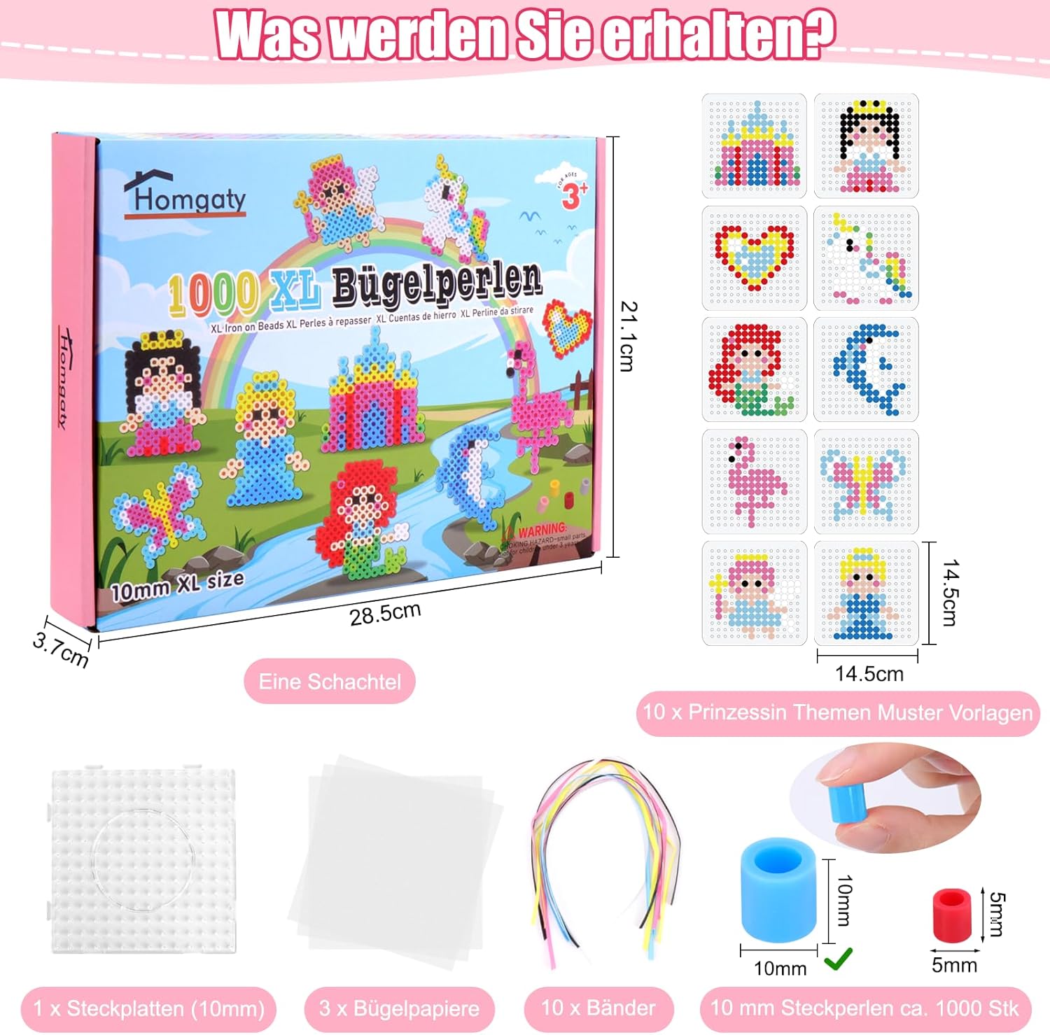 Thumbnail 1 de Homgaty 10-mm Bügelperlen-Set für Mädchen (ca. 1.000 Stück, XL-Platten, 10 Motive + Bügelpapier)