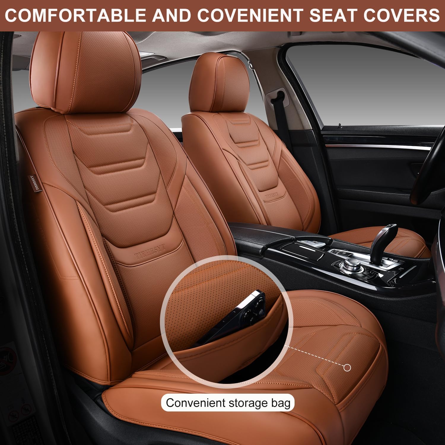 Detalle 2 de TIEHESYT Car Seat Covers Full Set: Breathable Nappa Leather Front & Rear Protection (Brown, Front Pair + Rear)