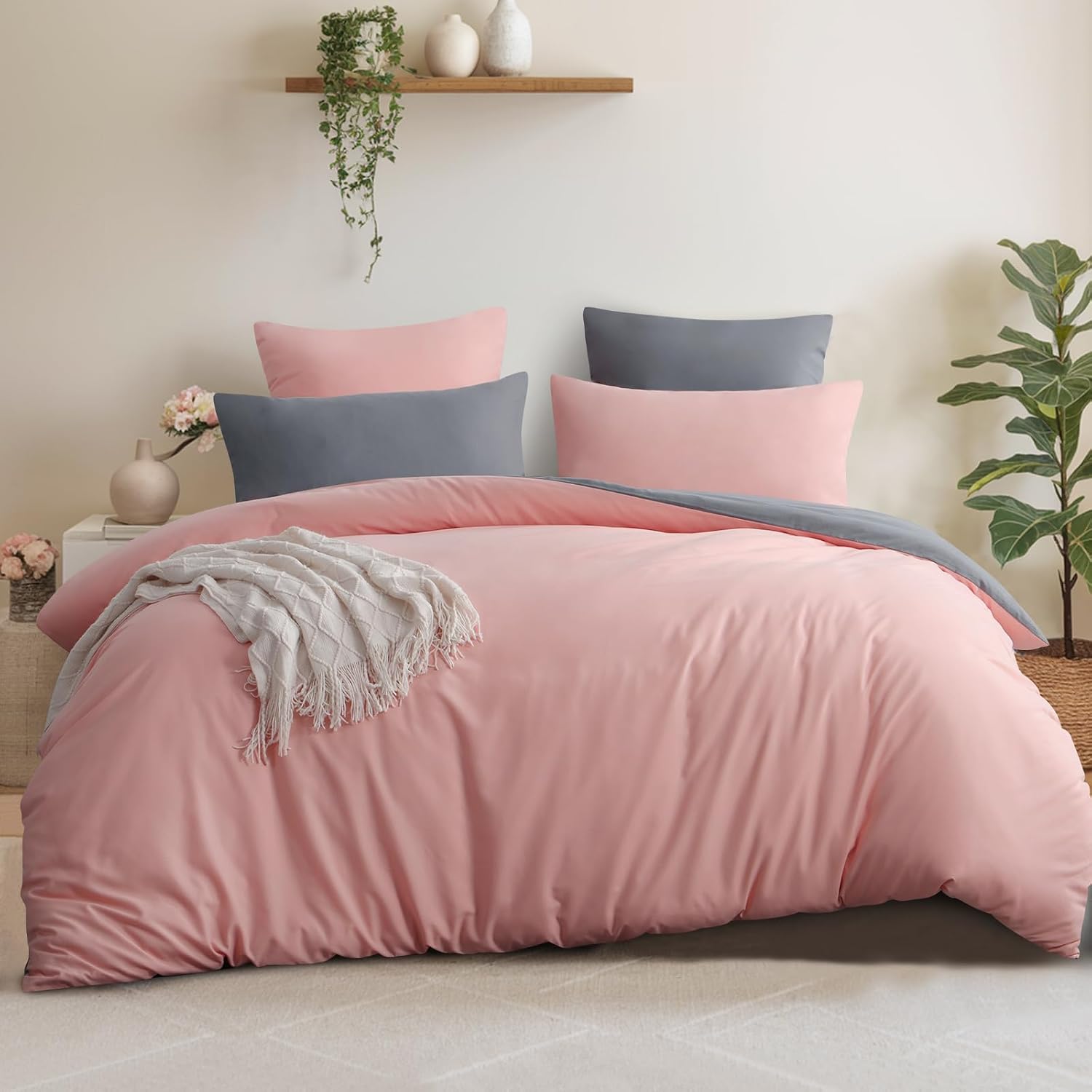 Detalle de Aisbo beddengoedset 200 x 200 cm, omkeerbaar, microvezel, roze en lichtgrijs