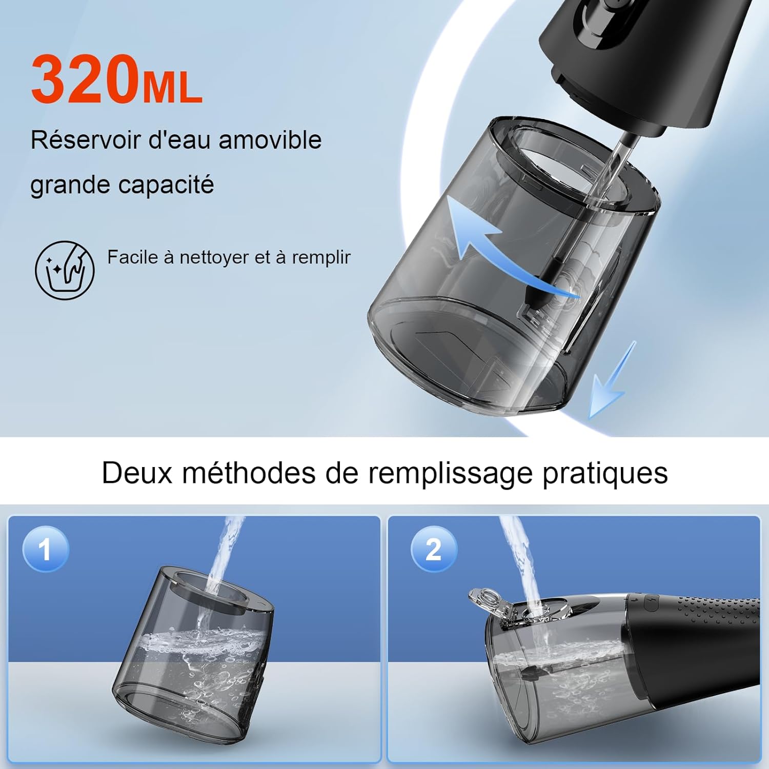 Detalle 2 de Hydropulseur Jet Dentaire 320ML – 4 modes, 5 buses, IPX7, autonomie jusqu’à 40 jours