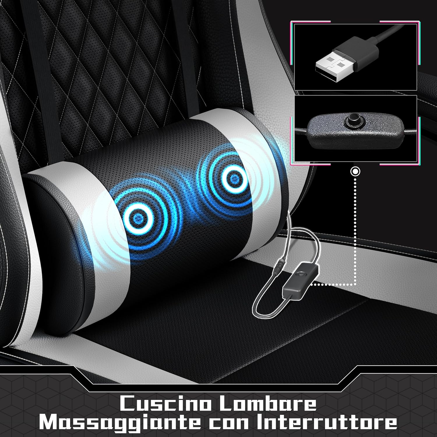 Detalle de Yaheetech Sedia da Gaming Ergonomica con Cuscino Massaggio Lombare – Bianco