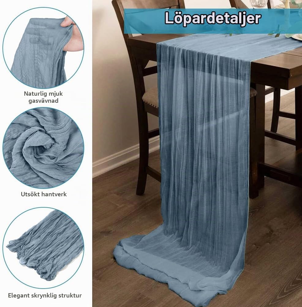 Detalle de AUAUY gasvävsbordslöpare, 2-pack i gråblå polyester, 90 × 300 cm
